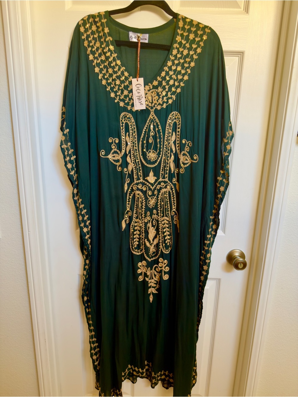 NWT Bali Queen Nala Emerald Embroidered Maxi Kaftan Dress One Size